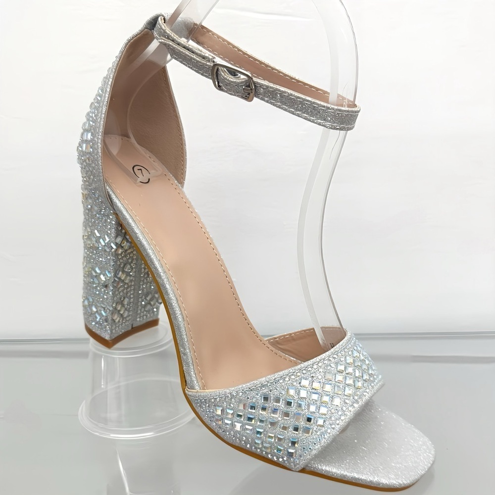 Silver Rhinestones Open Toe Heels - Picture 3 of 6